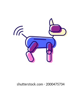 Futuristic robot dog color icon. Radio control from internet. Cyberpunk idea. Bio-robot gadgets. Flat symbol. Isolated vector stock illustration
