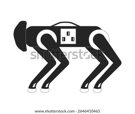 Futuristic robot dog with integrated power socket 2D line object. Quadruped bionic robotic pet. Artificial intelligent machine isolated clipart vector ink outline item. Monochrome spot illustration