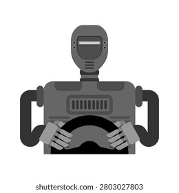 Futuristic robot driver behind the wheel, symbolizing autonomous vehicles, artificial intelligence transportation, and smart urban mobility. Perfect for technology, automotive, and AI innovation themes.