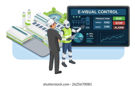 Engenheiro robô futurista discutindo dados de produção com gerente de fábrica usando painel de controle inteligente em desenho animado de planta industrial eco-friendly