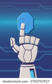 Futuristischer Roboter mit manueller Aktivierung digitaler biometrischer Scanner im Science-Tech-Konzept