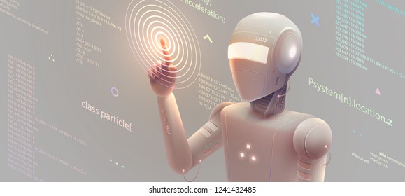 Futuristic Robot With Hand And Fingers For Artifical Intelligence Concept. Machine Learning Technologies For Business Presentations. Coding And Application Development. Eps10 Vector Illustration.