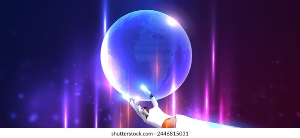 Futuristic Robot hand holding digital globe network hologram. Intelligent robot humanoid using digital global network, technology, Science and artificial intelligence. Big data analytic future. Vector