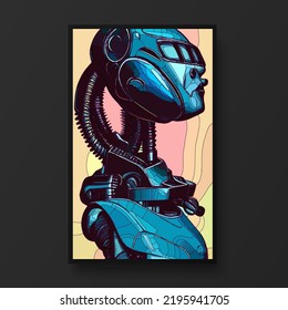Futuristic robot head or humanoid. Science fiction futuristic robot. Trendy modern illustration for poster, banner, cover.