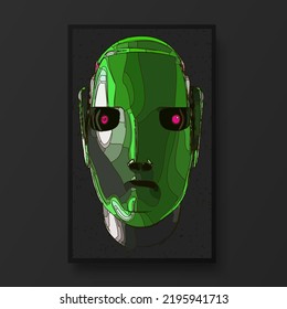 Futuristic robot head or humanoid. Science fiction futuristic robot. Trendy modern illustration for poster, banner, cover.
