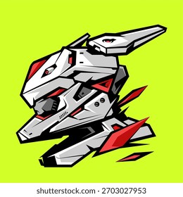 Capacete de robô futurista. Capacete de robô futurista de alta tecnologia com detalhes mecânicos afiados e estilo de ilustração dinâmica inspirada em mecha