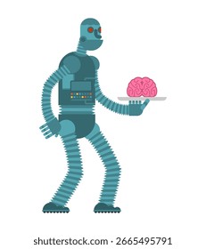 Robot futurista que sostiene un cerebro humano en una bandeja, simbolizando la inteligencia artificial, el aprendizaje automático y la fusión de la tecnología con la cognición humana. Perfecto para conceptos de tecnología e IA.

