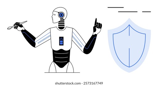 A futuristic robot holds a paintbrush in one hand and points upward with the other. Next to it is a shield symbolizing protection. Ideal for artificial intelligence, technology, cybersecurity