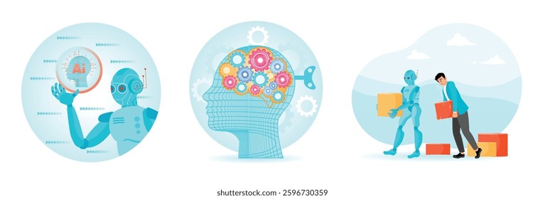 A futuristic robot interacting with a digital brain. Conceptual visualization of artificial intelligence and human brain functions.A humanoid robot aiding a person. Set flat vector illustration