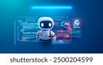 A futuristic robot interacting with a digital data interface on a blue background perfect for technology and AI-themed designs and presentations. Cute robot with futuristic HUD interface. Vector