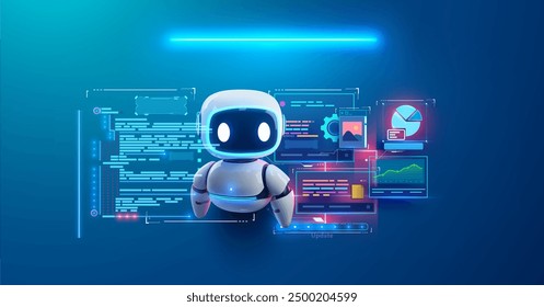 A futuristic robot interacting with a digital data interface on a blue background perfect for technology and AI-themed designs and presentations. Cute robot with futuristic HUD interface. Vector