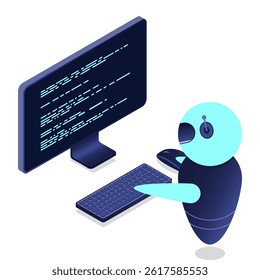 Futuristic robot interaction with computer. Isometric AI robot. Digital communication chatbots. Isometric technology