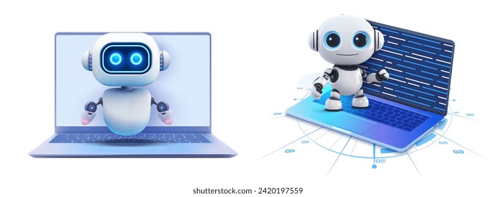 Interacción futurista de robots con el concepto de tecnología informática. Ilustración en 3D de un adorable robot humanoide que interactúa con un portátil, que representa la tecnología avanzada de IA. Ilustración del vector