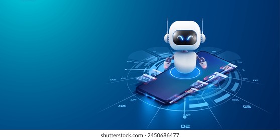 Futuristic Robot with Interactive Interface Over Smartphone. Sleek white robot emerging from a smartphone screen with a futuristic interface, symbolizing advanced technology and AI interaction.