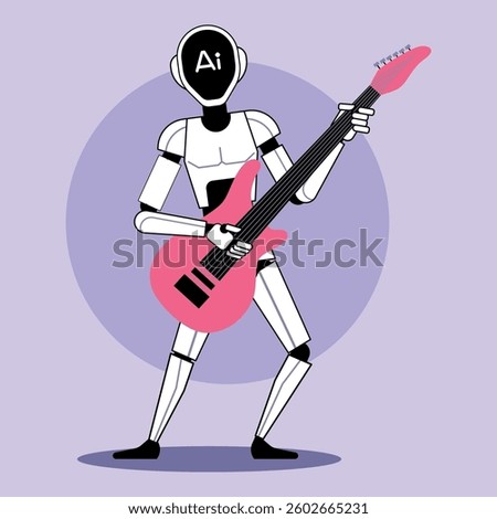 Futuristic robot labeled AI playing pink electric guitar against purple background. Integration of AI and music concept