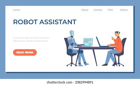 Futuristic robot with laptop assists man in the office, landing page template - flat vector illustration. Web banner with concept of people and artificial intelligence teamwork.