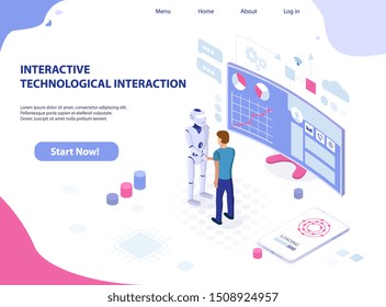 Futuristic robot and man shaking hands in a concept of interaction between humans and technology with a computer screen and text copy space, cartoon, vector illustration