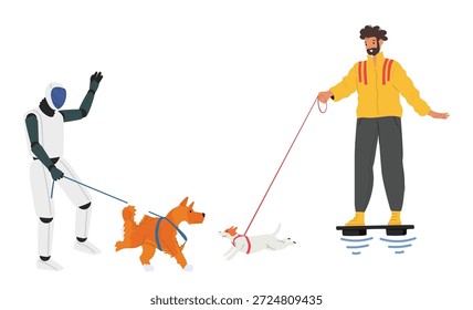 Robô futurista e cidadãos da cidade espertos do homem caminhando seus cães isolados no fundo branco. Coexistência e amizade de inteligência humana e artificial, ilustração vetorial de vida urbana futura