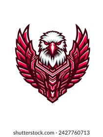 Futuristic robot mecha hawk eagle, neon red color, white background, logo, emblem, t shirt, artwork hand drawn illustration
