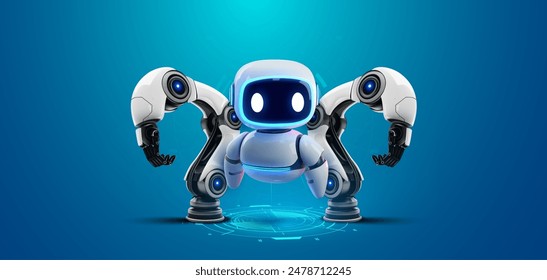 Futuristic robot with multiple mechanical arms on a blue digital background. High-tech cute robot with advanced robotic features, perfect for illustrating modern technology and innovation. 3D vector