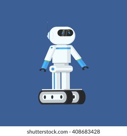 Futuristic Robot On Chain Tracks Primitive Graphic Style Flat Vector Icon On Blue Background