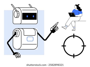 Futuristic robot with outstretched arm pointing, seated woman using a laptop, and target focus symbol. Ideal for technology innovation, robotics, AI development, digital interactions, remote work