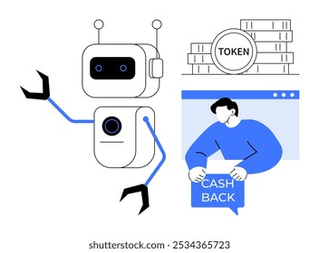 Futuristic robot with outstretched mechanical arm, a stack of digital tokens and a person showcasing a cashback message. Ideal for technology, digital currencies, financial rewards, automation