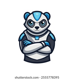 A futuristic robot panda mascot logo with sleek design, metallic silver and blue accents, ideal for technology, branding, and professional use on any platform.