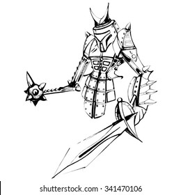 Futuristic robot samurai, sketch iron robot armor and sword