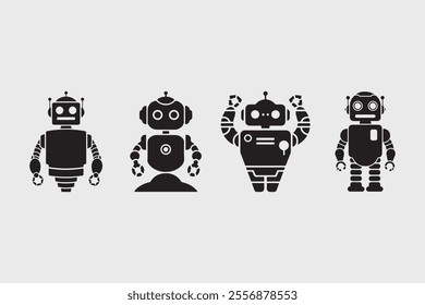 Futuristic Robot Silhouette Vector Set . AI and Robotics Icons on White Background