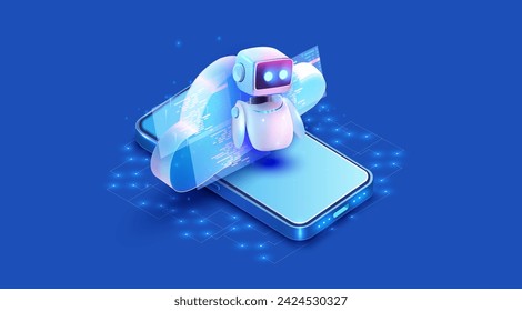 Futuristisches Konzept zur Integration von Robotern und Smartphones in digitale Clouds. Eine High-Tech-Digital-Illustration eines freundlichen Roboters, der aus einem Smartphone hervorgeht und fortschrittliche KI und mobile Technologie symbolisiert.