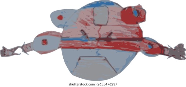 Futuristic robot spacecraft illustration with a capsule-like shape, featuring mechanical arms and abstract red-blue color scheme.