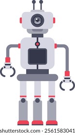 Futuristic robot standing on three legs with mechanical arms holding claws, featuring a camera eye and a central processing unit, representing advanced technology and automation