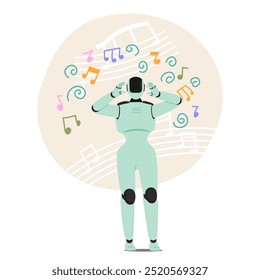 Futuristic Robot Surrounded By Vibrant Musical Notes And Abstract Sound Waves. Scene Evokes A Sense Of Harmony Between Technology And Art, Connection Between The Robotic World And Creative Music Realm