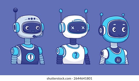 Futuristic Robot, virtual Assistant AI set. Vector color hand drawing. Isolated Avatar character for tech support, security, chatbot projects, design. Not AI