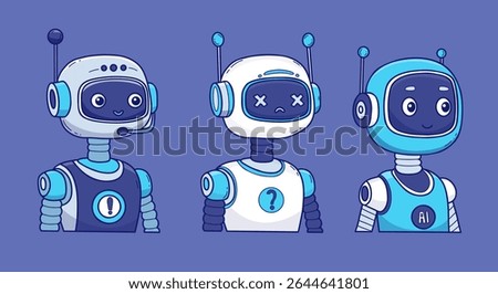 Futuristic Robot, virtual Assistant AI set. Vector color hand drawing. Isolated Avatar character for tech support, security, chatbot projects, design. Not AI