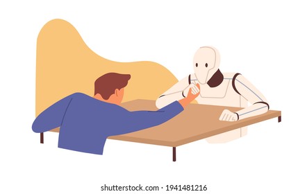 Robot futurista contra concepto humano. Enfrentamiento entre persona y IA. El hombre y la inteligencia artificial en la competencia de lucha armada. Ilustración vectorial plana coloreada aislada en fondo blanco