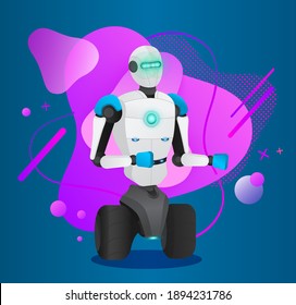 Futuristic robot with wheels and hands, sensors. Artificial intelligence. Innovative humanized model of robot. Droid at pink abstract background with dotes, lines, circles. Cybernetic science