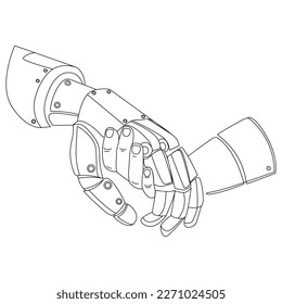 Futuristic robotic android hand holding human child hand Line art drawing.Artificial intelligence helps people.Vector liner design for poster,print,presentation,emblem,logo,icon.Bionic arm 