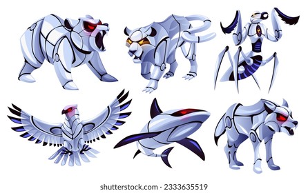 Animales robóticos futuristas. Personajes potentes de la fauna ciborg, bestias mecánicas de dibujos animados, máquinas zoomórficas, oso metálico, mantis de los tigres y las oraciones, águila, ballena y lobo, conjunto de vectores ordenados