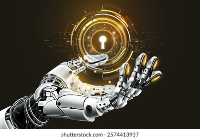 Futuristic robotic hand with glowing keyhole interface, symbolizing cybersecurity, solution key of success and AI-driven secure technology innovation.
