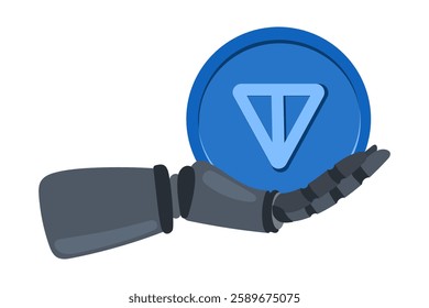 Futuristic robotic hand holding blue TON coin on white isolated background. Vector illustration in concept of using smart AI technologies in financial digital operations. For posters, banners, icons.