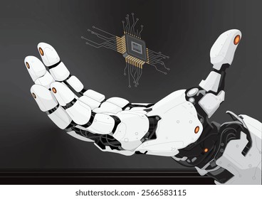 A futuristic robotic hand reaching upward with intricate mechanical details, holding a glowing microchip surrounded by circuit patterns. The black gradient background enhances the sleek, high-tech