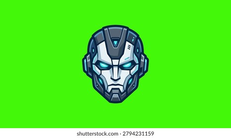 Futuristic robotic human face with glowing eyes on green background