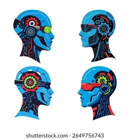 Cabezas humanas robóticas futuristas: cuatro Perfiles azules estilizados con detalles mecánicos coloridos, viseras, circuitos y Elementos cibernéticos que destacan la Tecnología e innovación avanzadas