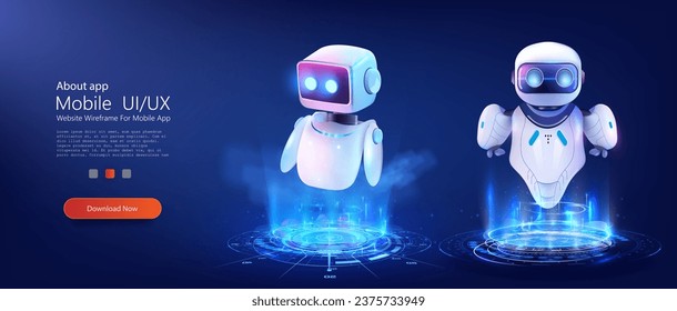 Futuristic Robotic Illustration for Mobile Design with Digital Holographic Platform. AI chat bot based on artificial intelligence, neural networks. 3D vector illustration isolated on blue background