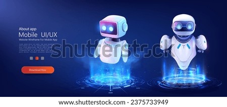 Futuristic Robotic Illustration for Mobile Design with Digital Holographic Platform. AI chat bot based on artificial intelligence, neural networks. 3D vector illustration isolated on blue background