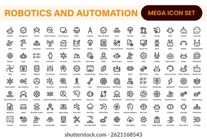 Paquete de iconos de robótica futurista y automatización: Ilustraciones vectoriales de línea limpia para IA, tecnología inteligente, industria 4.0, innovación y aprendizaje automático
