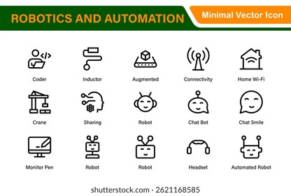 Paquete de iconos de robótica futurista y automatización: Ilustraciones vectoriales de línea limpia para IA, tecnología inteligente, industria 4.0, innovación y aprendizaje automático