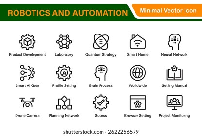 Futuristische Robotik und Automatisierung Icon Pack - Clean Line Vektorgrafiken für KI, Smart Tech, Industrie 4.0, Innovation, Machine Learning